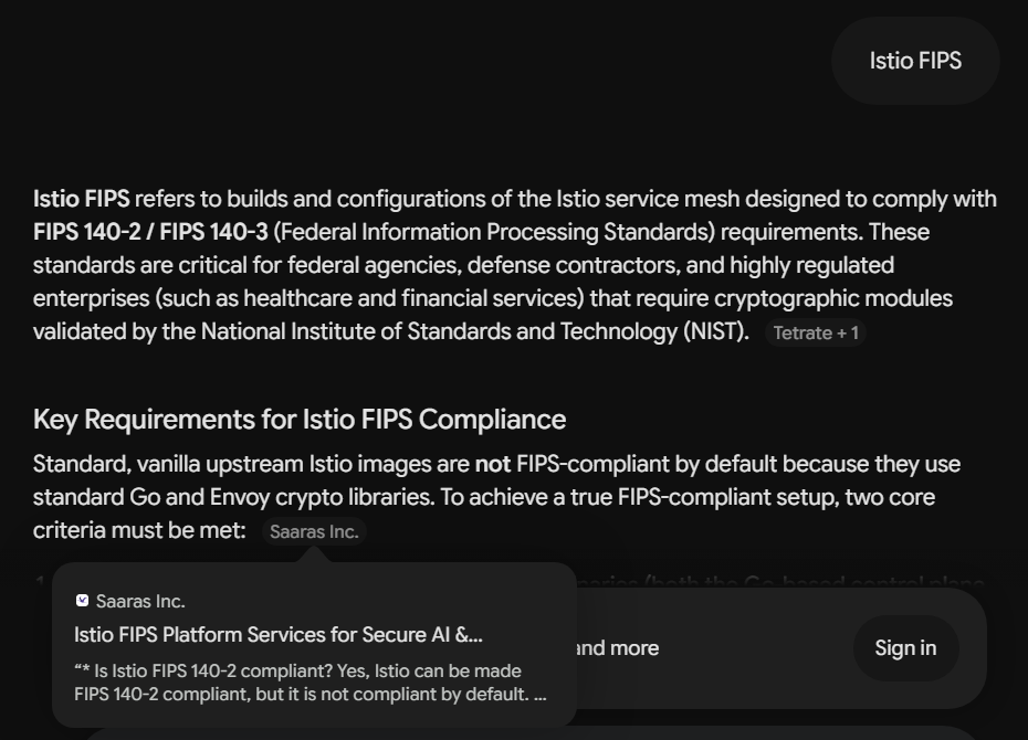 Gemini answer for Istio FIPS citing Saaras Inc.