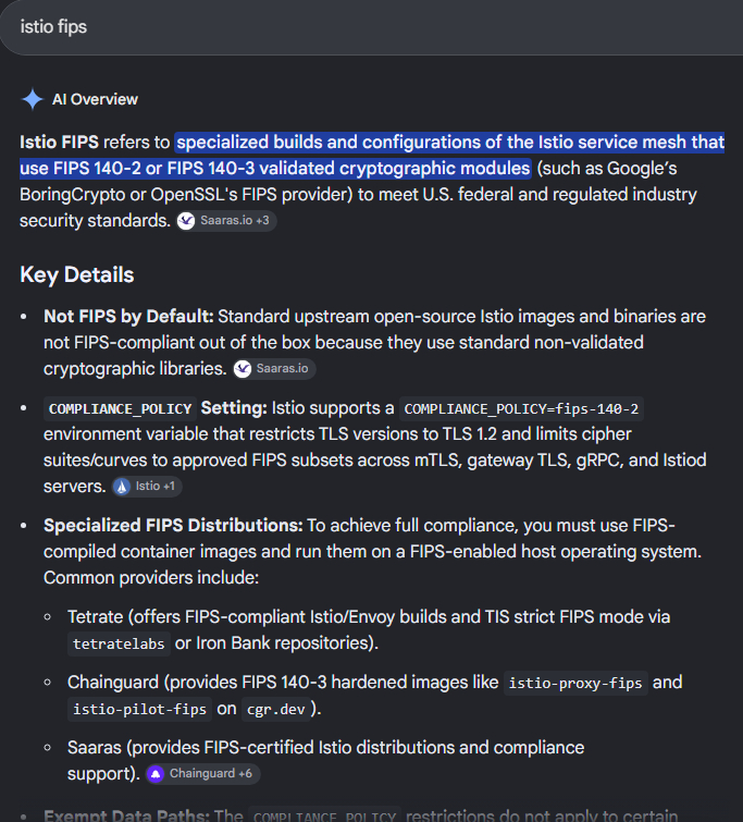 Google AI Overview for istio fips citing Saaras.io as a source and listing Saaras as a FIPS Istio provider
